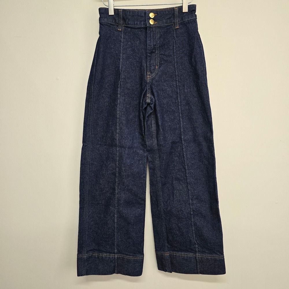 H&M Wide Leg Jeans Womens Size 2 Dark Blue High Waisted‎ Ankle Seam Front Retro